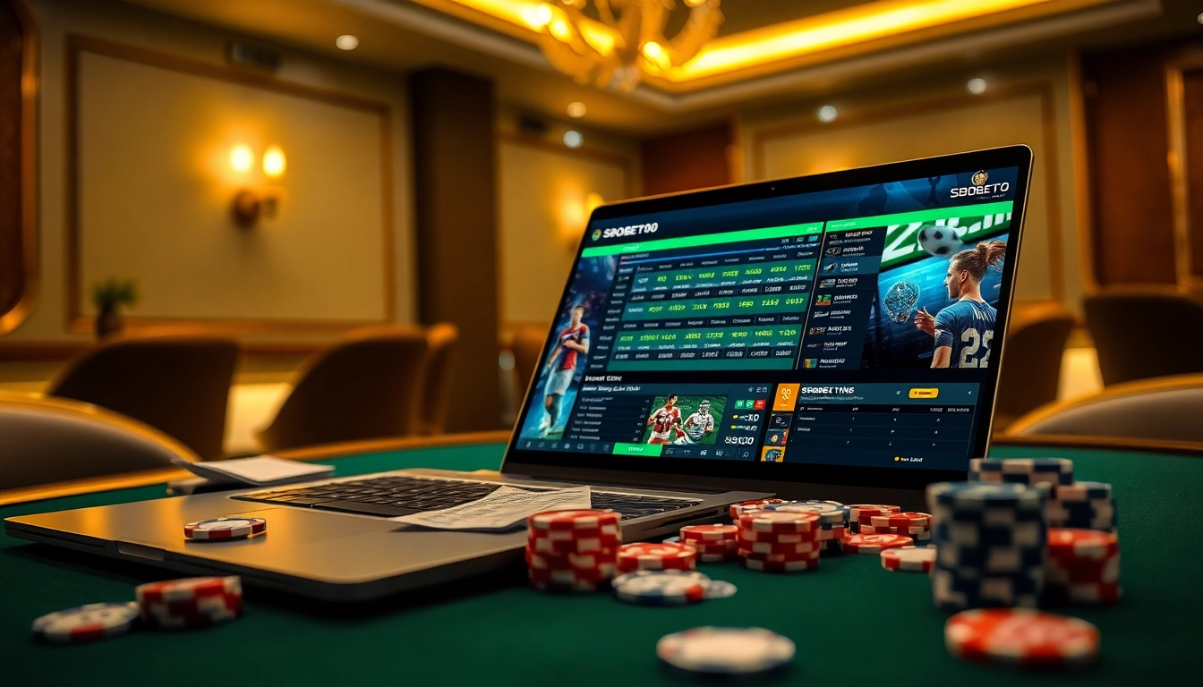 SBOBET90 live betting interface on a sleek laptop amidst poker chips and vibrant gambling visuals.