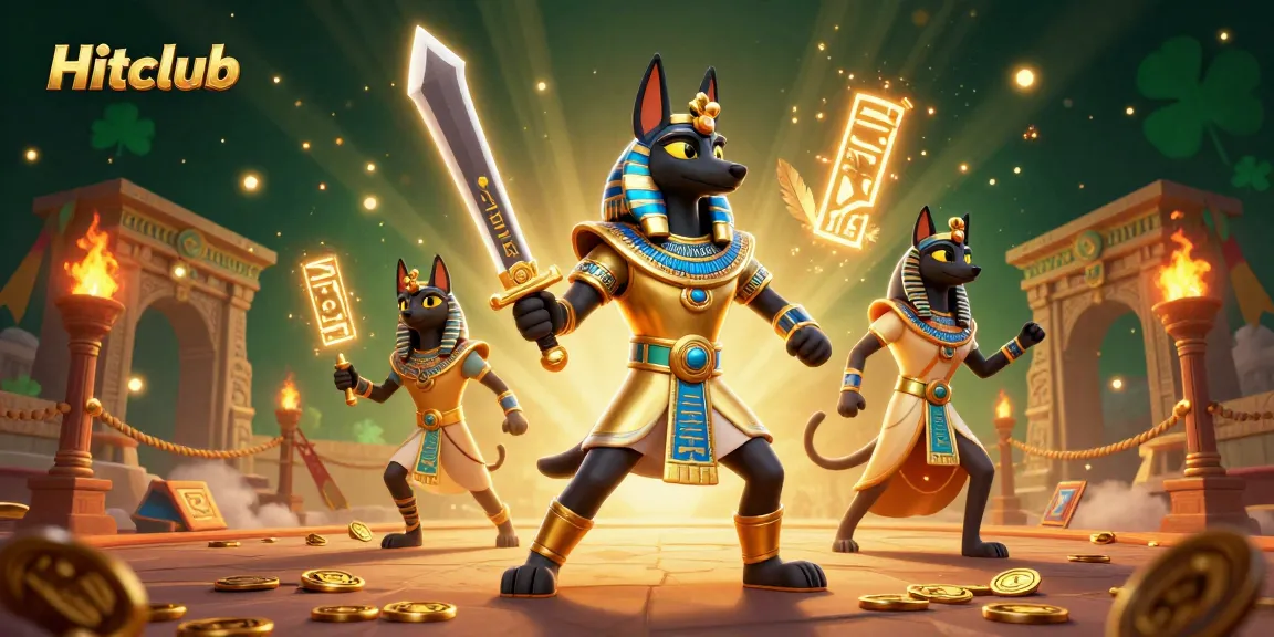 Experience thrilling gameplay at Hitclub with Anubis and Bastet in an enchanting casino scene.