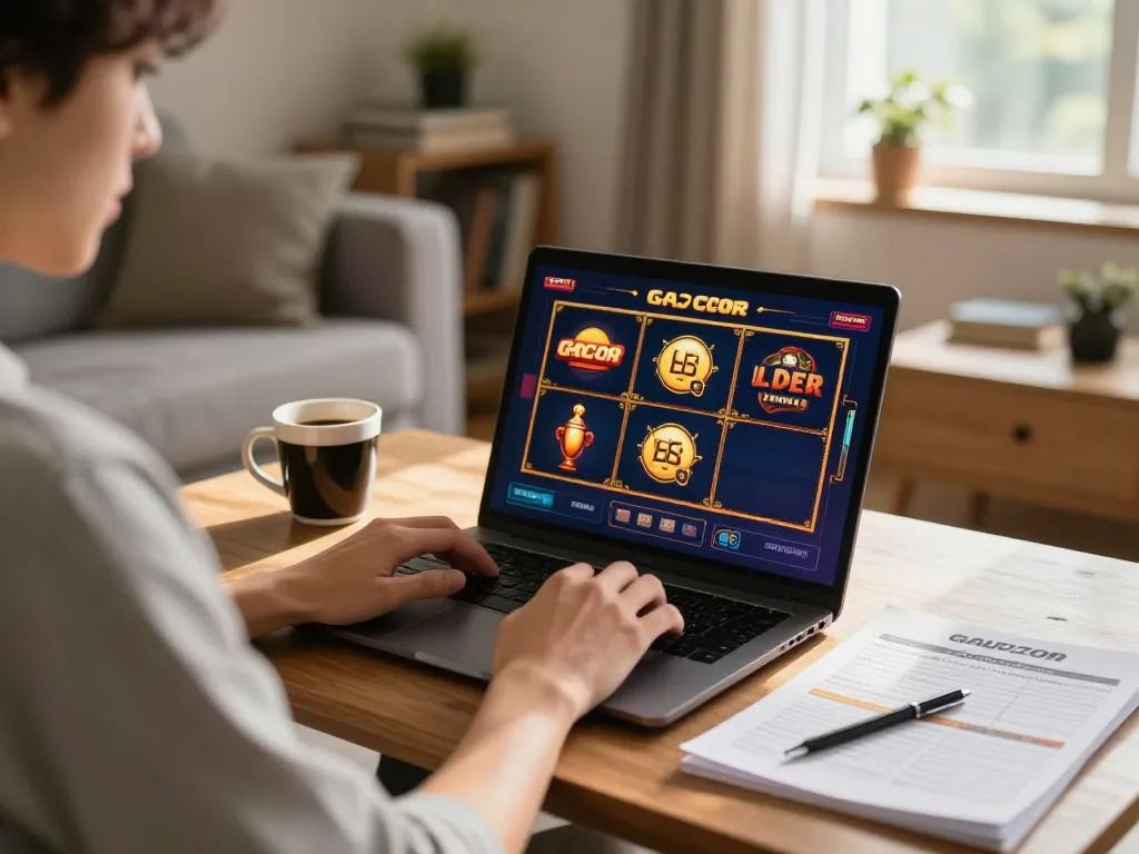 Player enjoying slot gacor game on laptop in a cozy living room setting