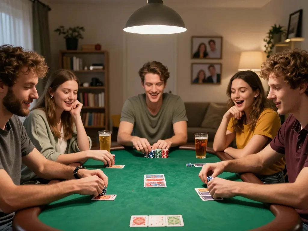 Friends enjoy a lively poker night at home, showcasing strategic gameplay and a fun atmosphere with LGOGOAL.