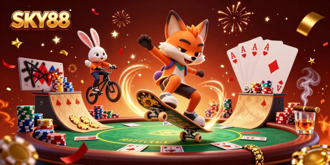 Engage with thrilling SKY88 casino action featuring a fox and rabbit in a vibrant 3D scene.