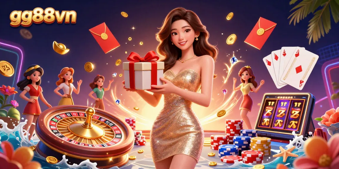 Win at gg88vn with vibrant fantasy casino scene featuring a welcoming Asian lady and festive elements for a magical experience.
