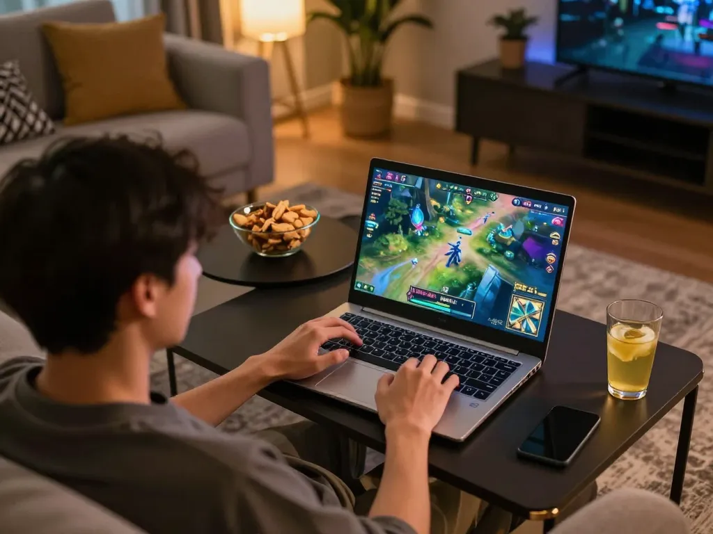 Playing kerajaanslot on laptop from a cozy home setup, snacks on table enhancing the atmosphere