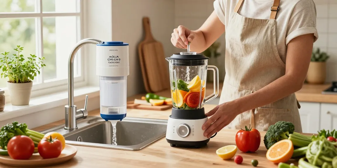 AQUA CREST GXRLQR NSF/ANSI 401 Certified water filter in a modern kitchen with a home cook preparing a healthy meal, showcasing advanced water filtration.