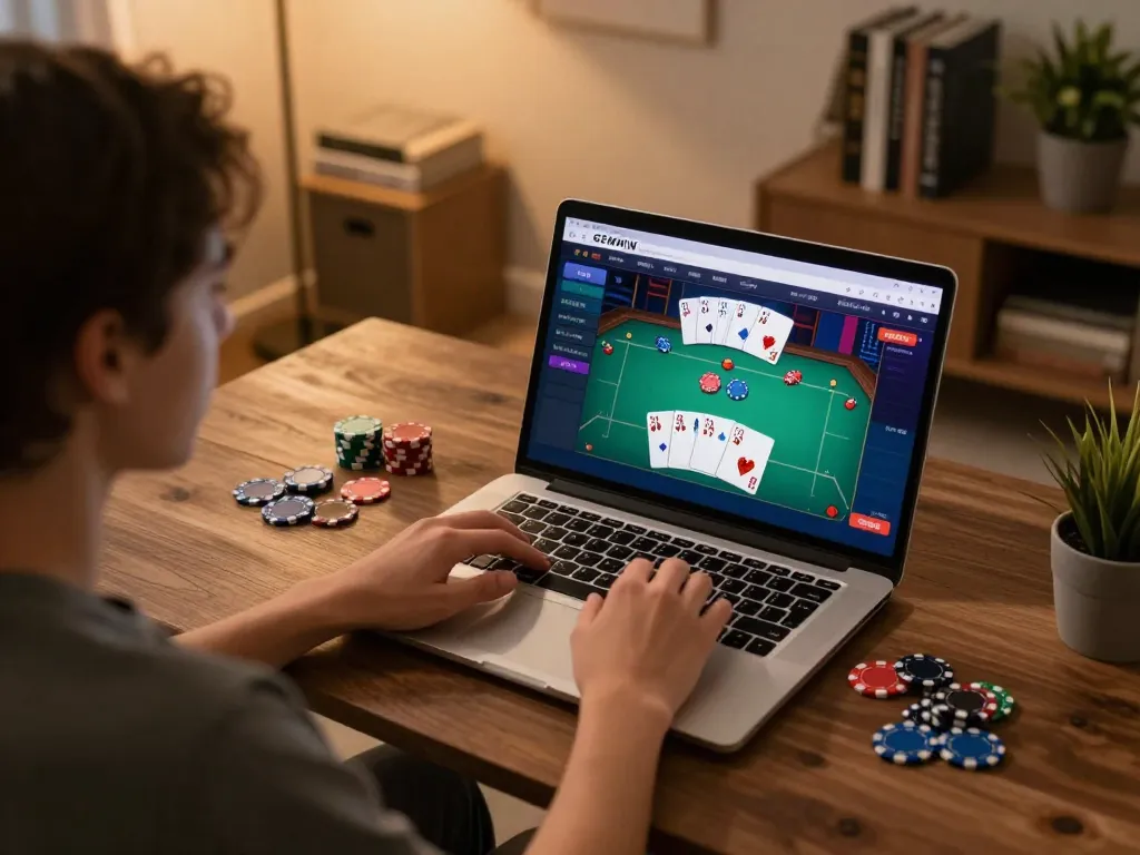Engaged player enjoying the GEMWIN gaming platform on laptop during a cozy home session.