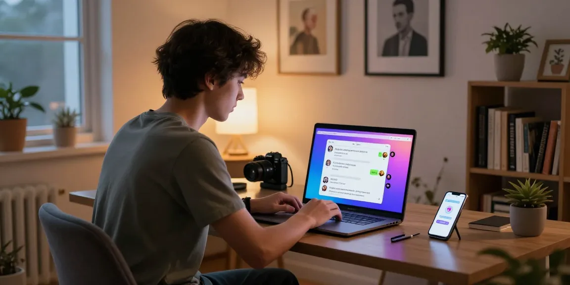User engaged in NSFW AI interaction on a laptop in a cozy modern home office.