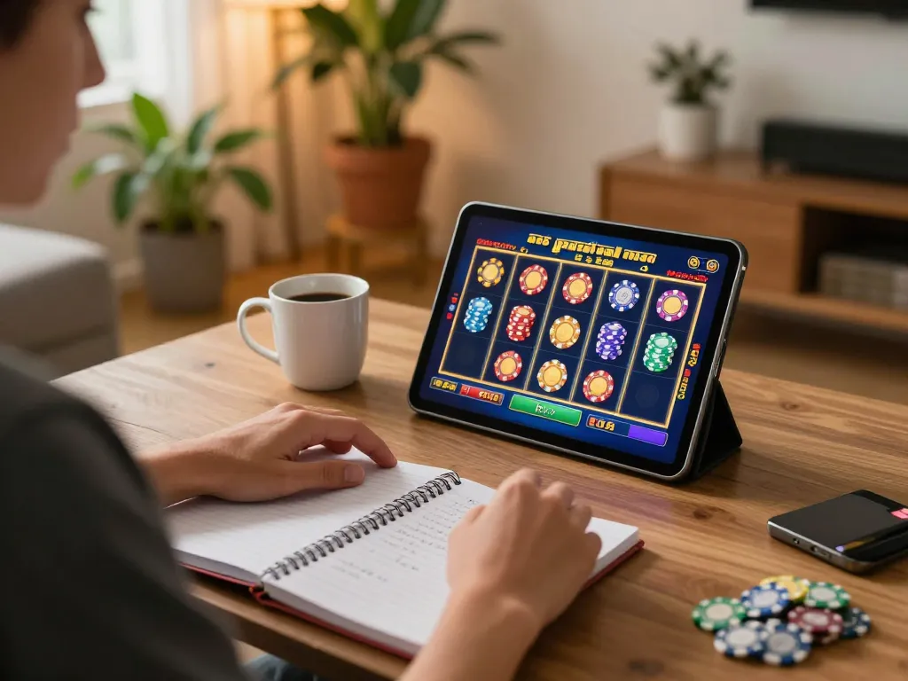 Player enjoying LGOSUPER slots on a tablet in a cozy home setting, showcasing exciting gameplay.