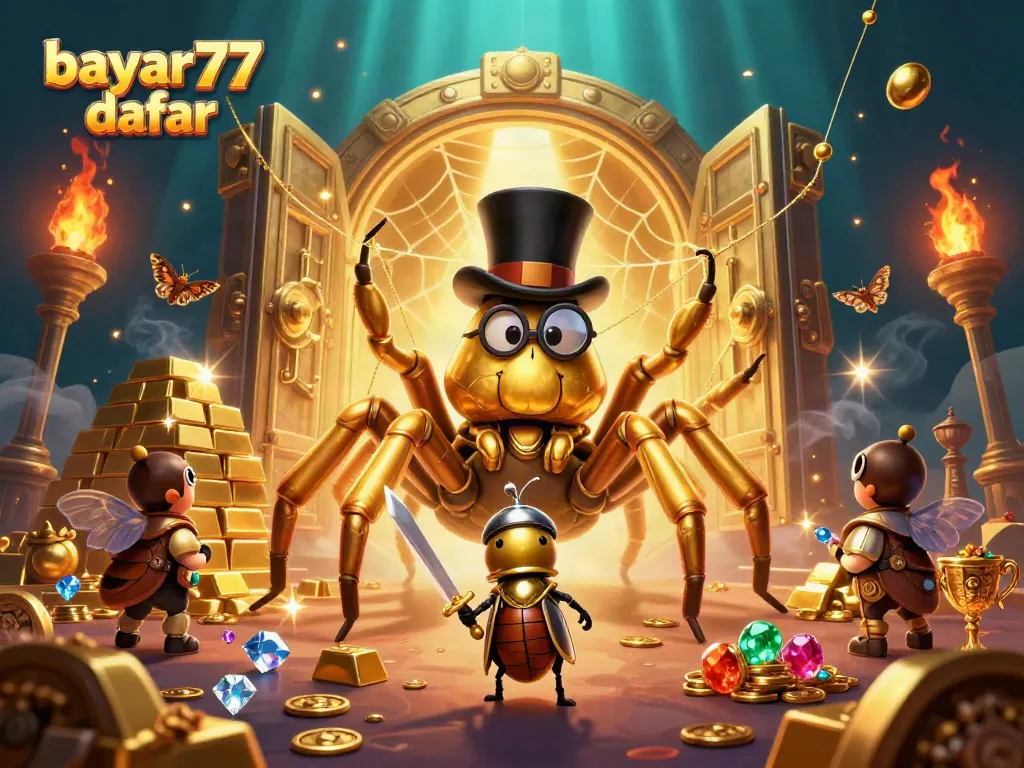 Engage with the vibrant world of bayar77 daftar while witnessing a golden tarantula weaving luck in a casino.