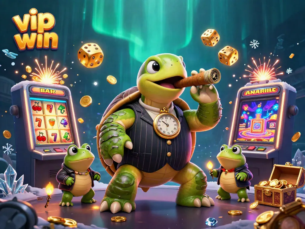 Experience the thrill of vip win with a massive snapping turtle and bullfrog enforcers amid a casino jackpot explosion.
