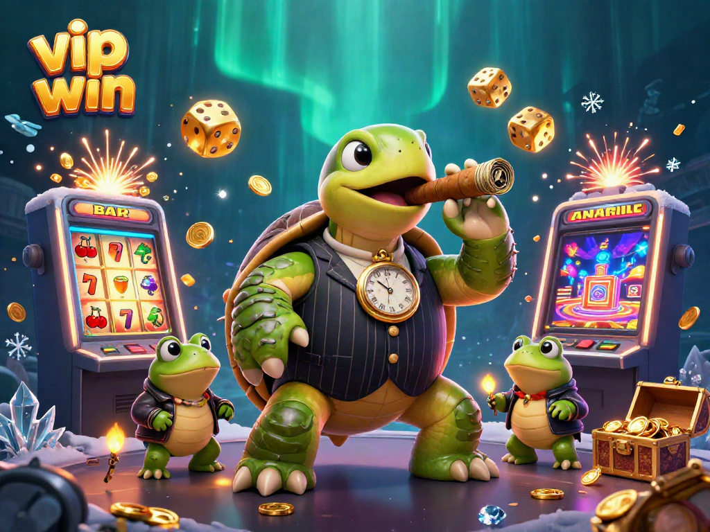 Experience the thrill of vip win with a massive snapping turtle and bullfrog enforcers amid a casino jackpot explosion.