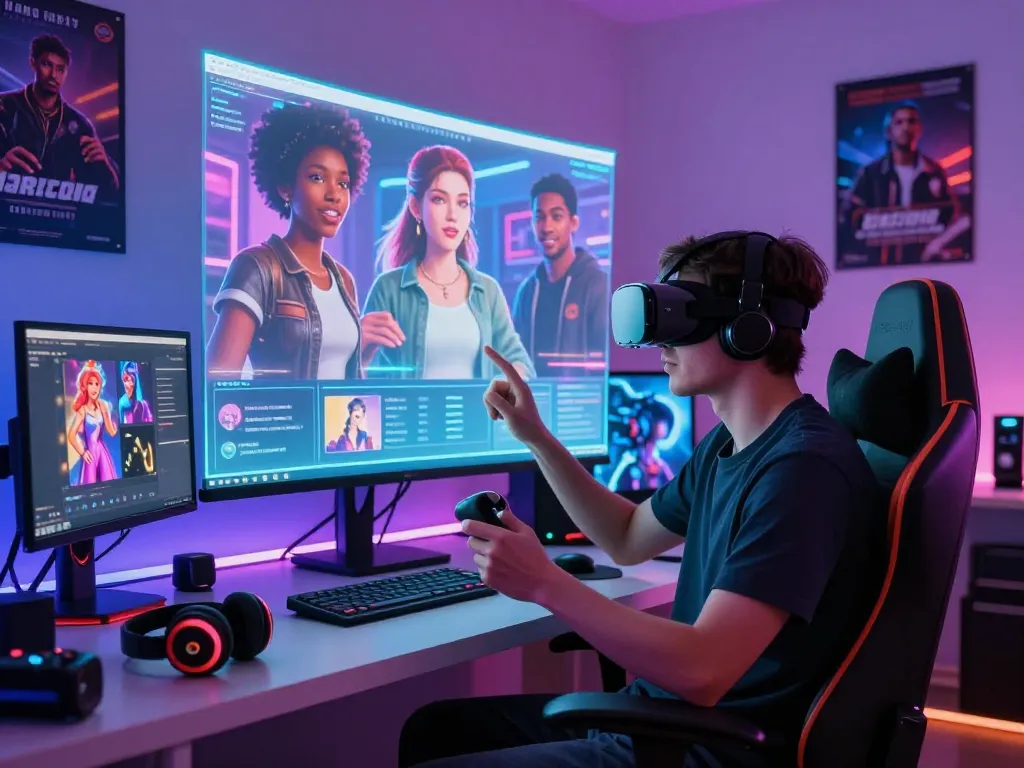 A user engaging with NSFW AI in a vibrant virtual reality setting, showcasing character projections and gaming gear.