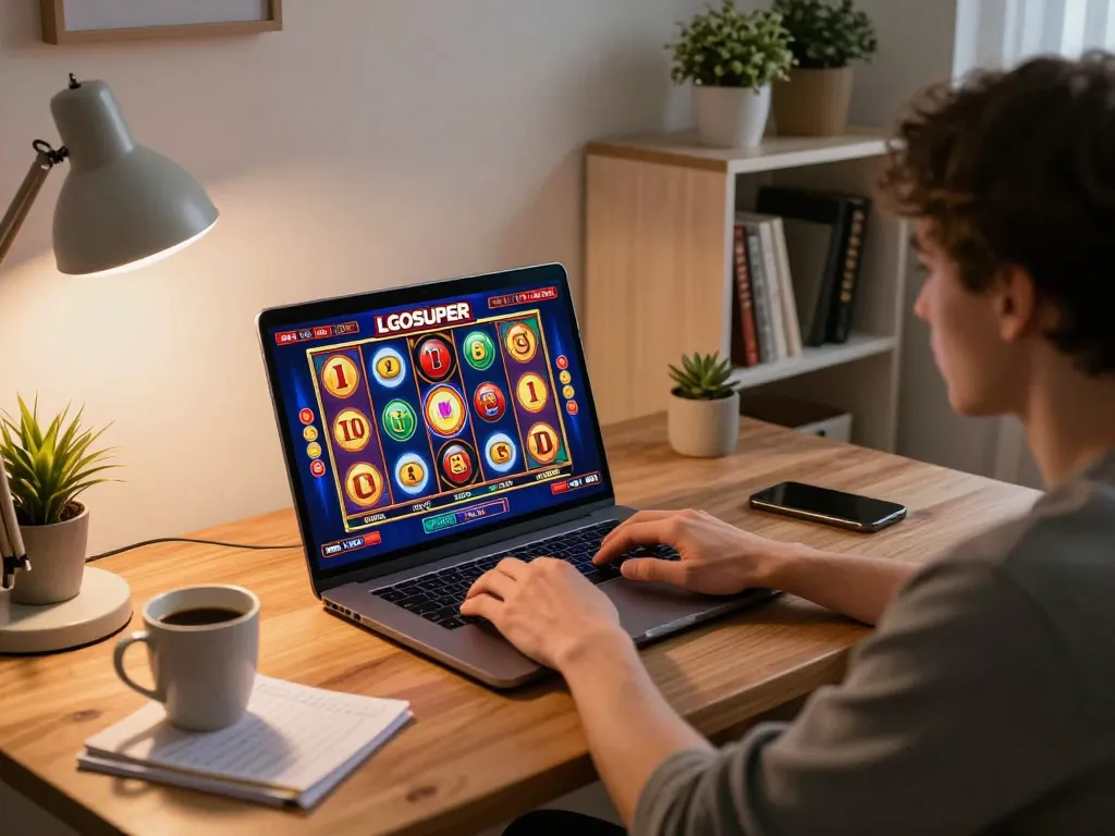 Engaging in LGOSUPER online slot gaming on a laptop in a modern home office.