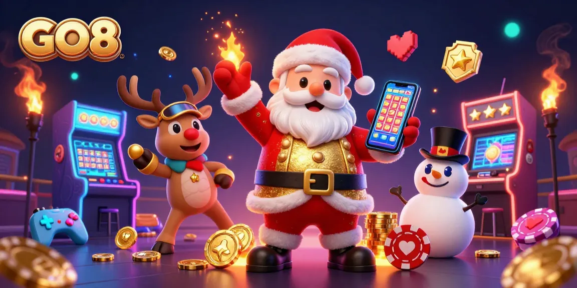 Spin to win with GO8 as Santa Claus and friends celebrate jackpots in a vibrant casino world.