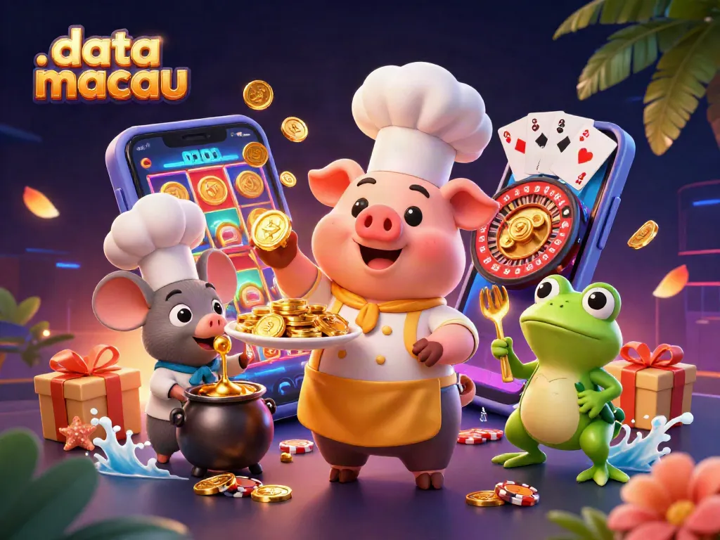 Melihat data macau terbaru melalui ilustrasi menggemaskan yang menunjukkan chef pig menyajikan koin emas.