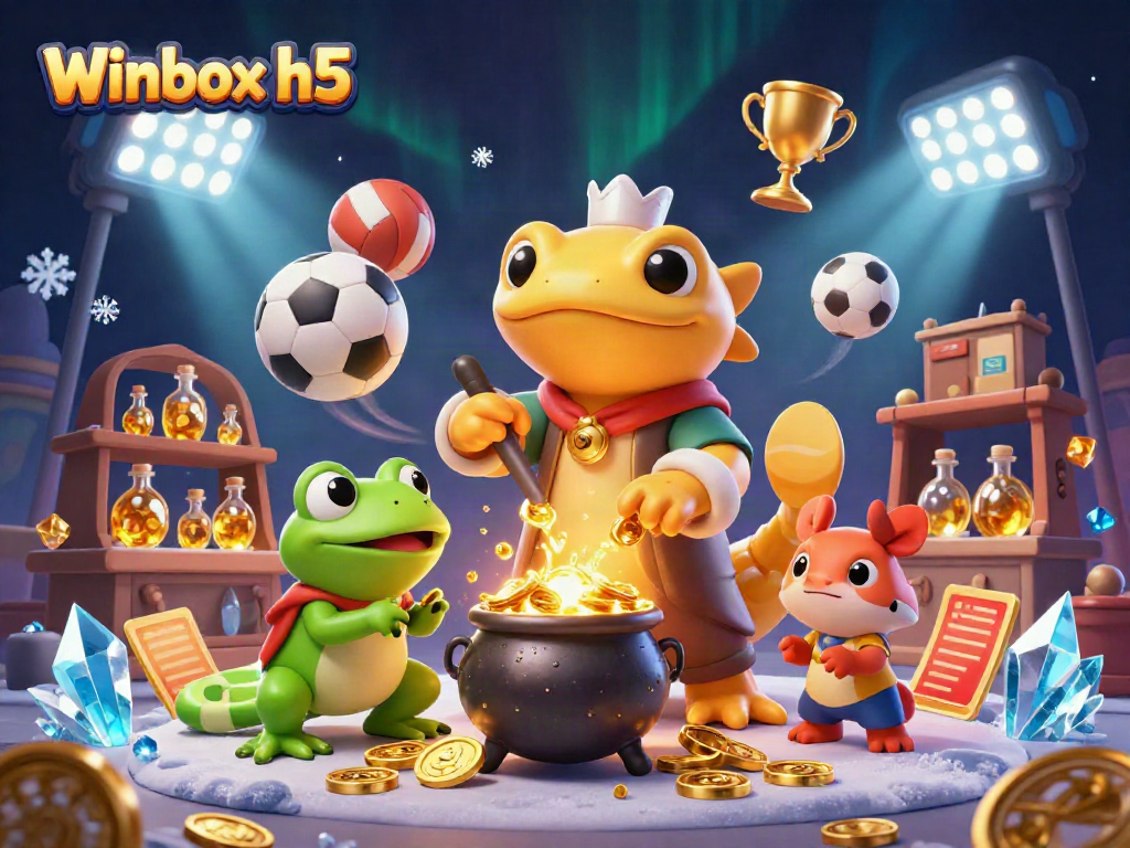 Experience Winbox h5 with golden coins and vibrant gaming elements in a magical illustration.