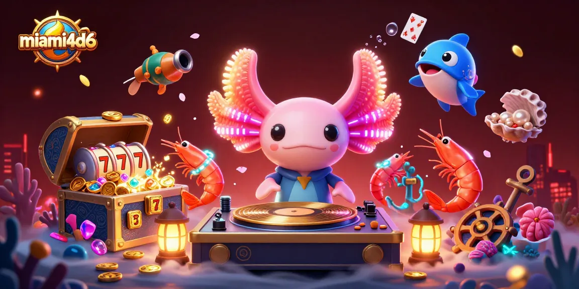 Experience vibrant miami4d6 casino fun with a neon axolotl DJ and thrilling slot reels.