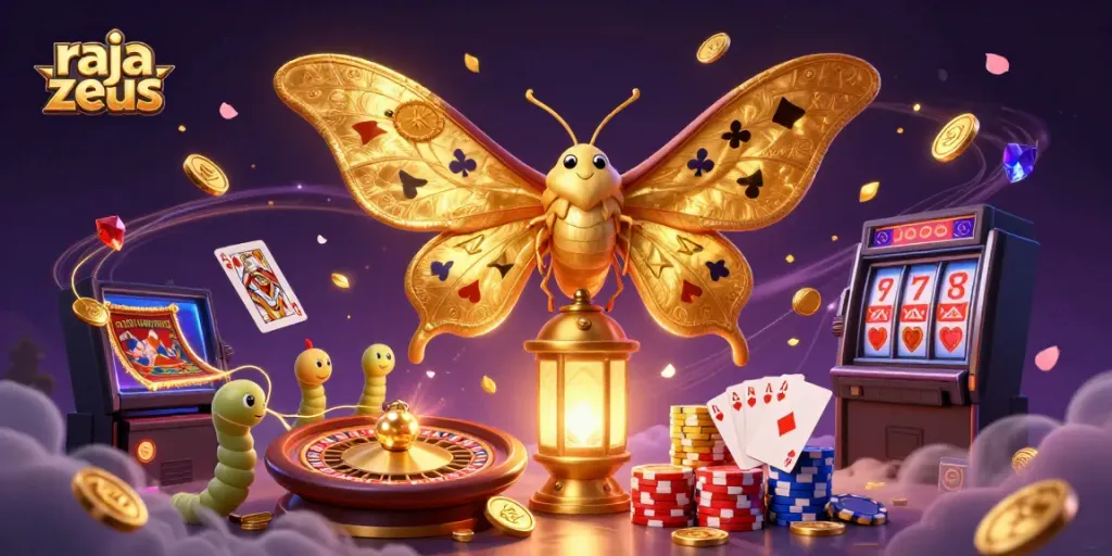 Raja Zeus menantang keberuntungan dengan mesin slot di dunia kasino yang penuh warna.
