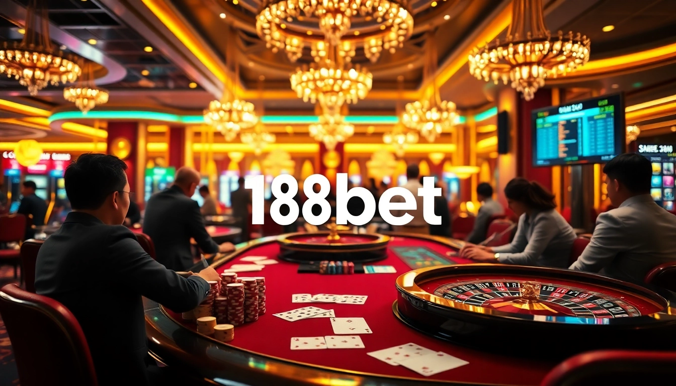 Players engaging in high-stakes poker at 188bet online casino with vibrant decor.