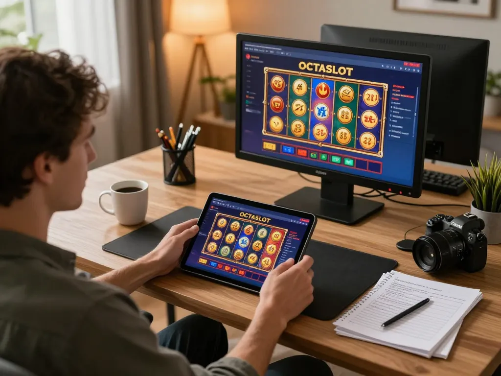 Player enjoying OCTASLOT on tablet, integrated gaming environment with strategy notes