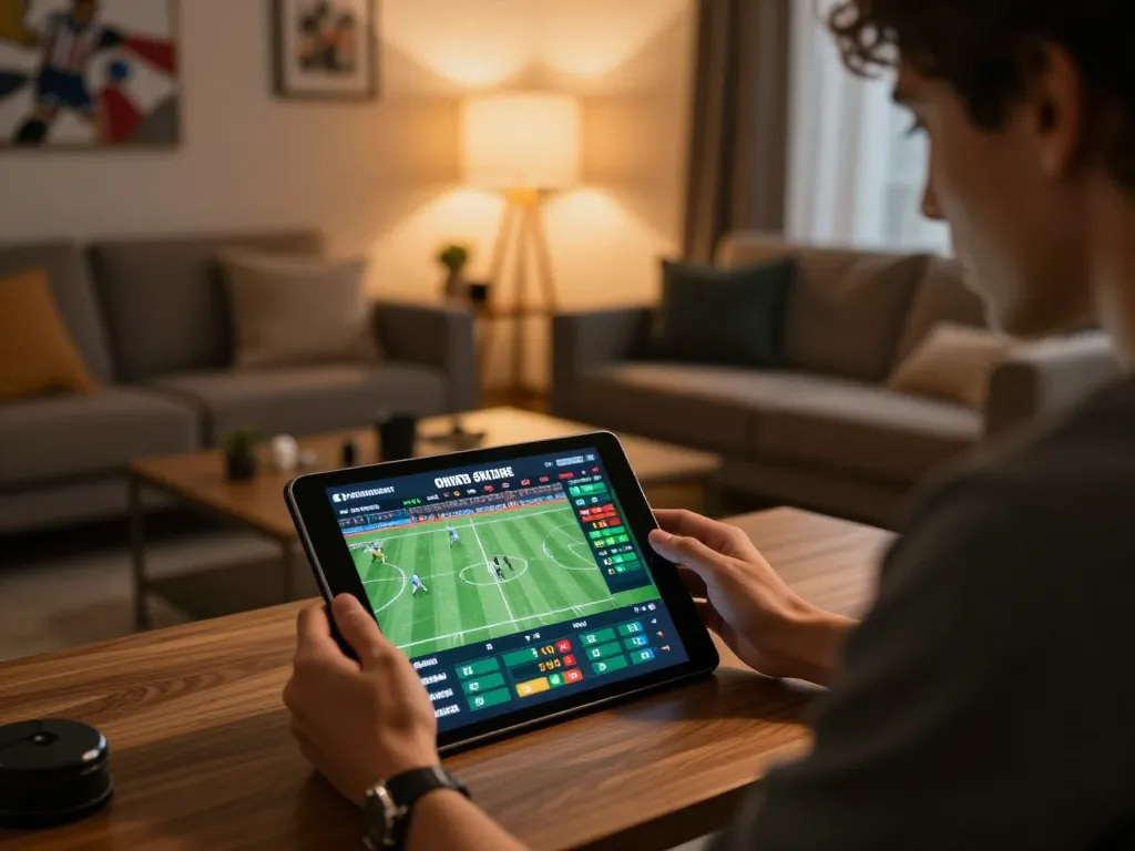 Person engaging with the uu88 sports betting app on a tablet for live betting action.