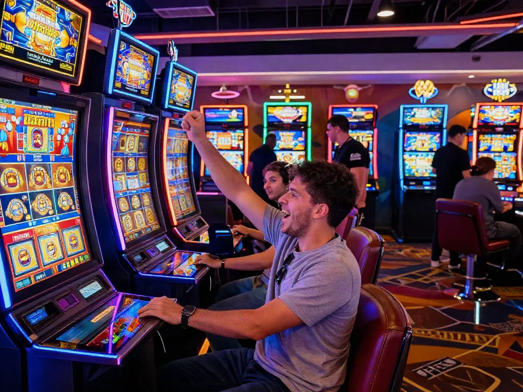 Exciting casino gaming room featuring Lucky777 app celebration and vibrant slot machines.