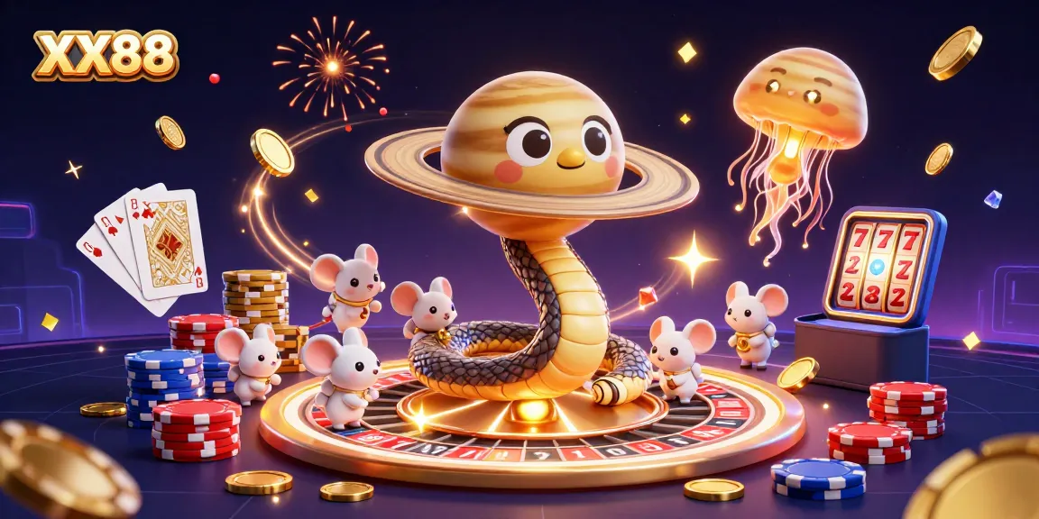 Engage with thrilling gaming action at XX88, featuring astronaut mice placing bets amid a cosmic casino.