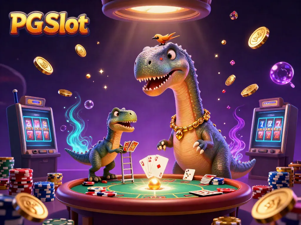 Experience the excitement of PG Slot amid stunning casino visuals and dinosaur characters.