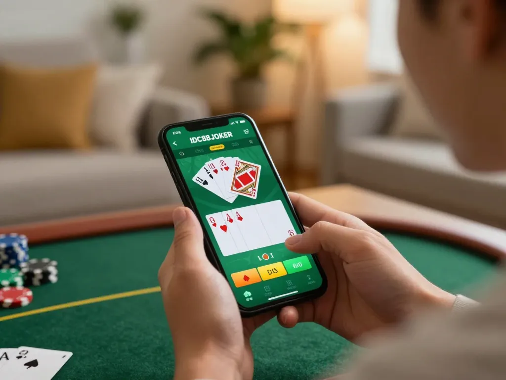 Engaging with the IDC88JOKER app on mobile device while strategizing bets in a cozy home setting.