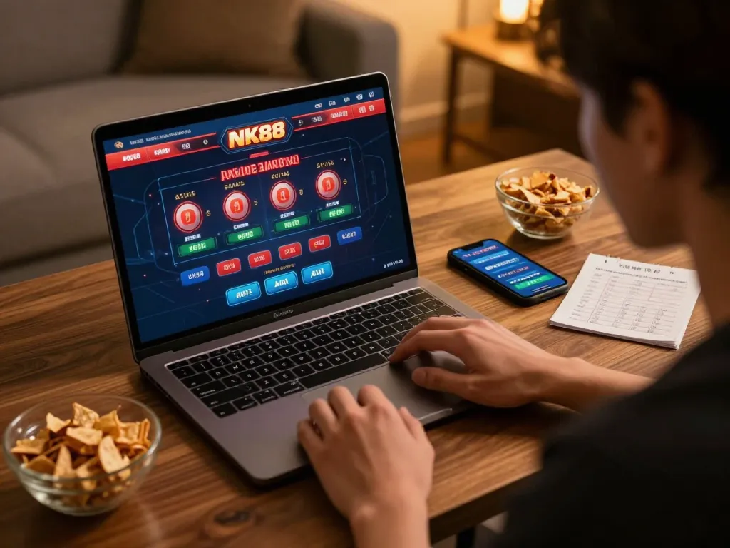 gnk88 engaging players in online casino gaming at home with laptop and smartphone.