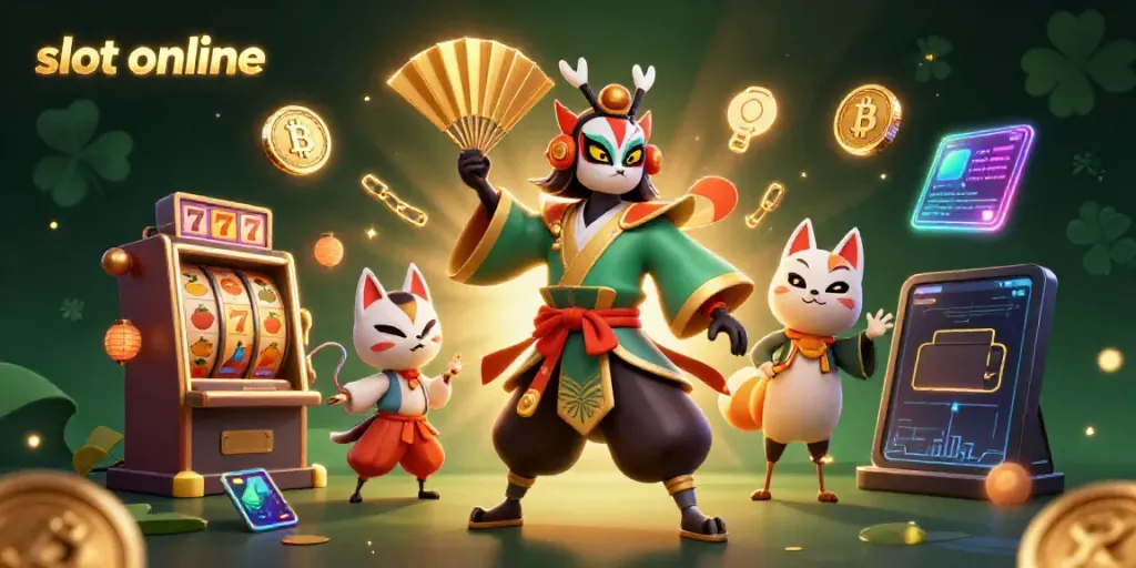 Permainan slot online yang menarik ditampilkan dengan pahlawan kabuki dan elemen kasino yang memukau.