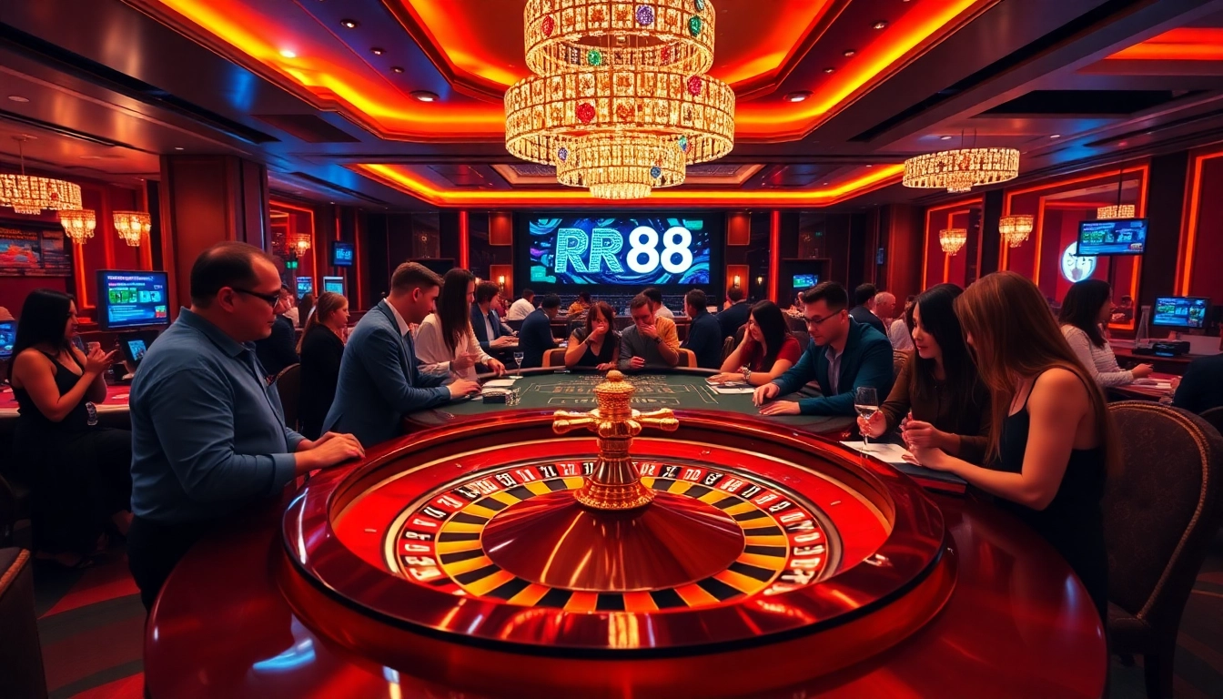 Experience high-stakes excitement at RR88 with players engaged at a luxury casino table.