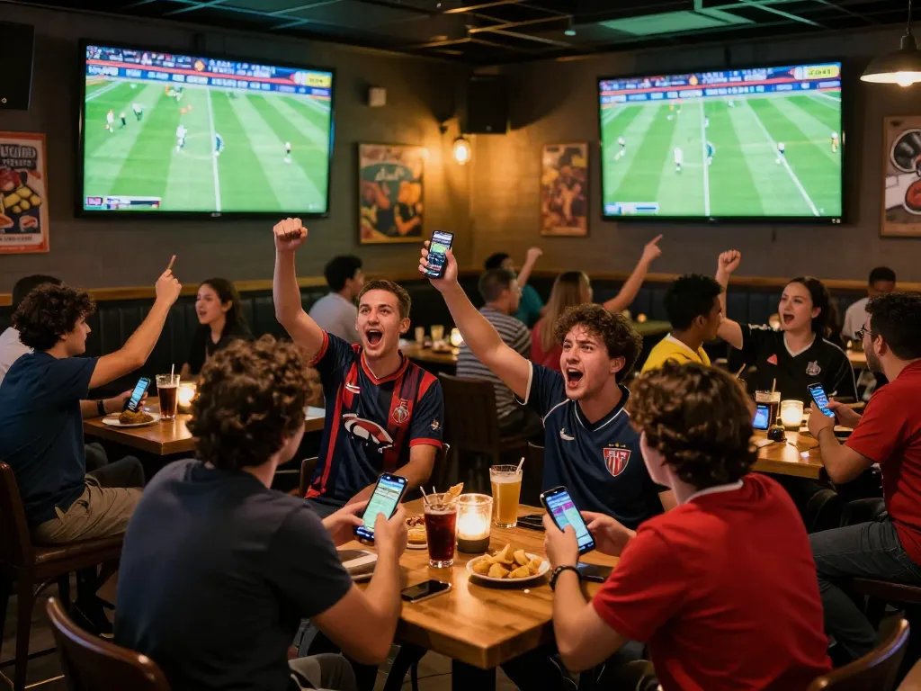 Fans cheering while using vsc10 for live football betting in a vibrant sports bar.