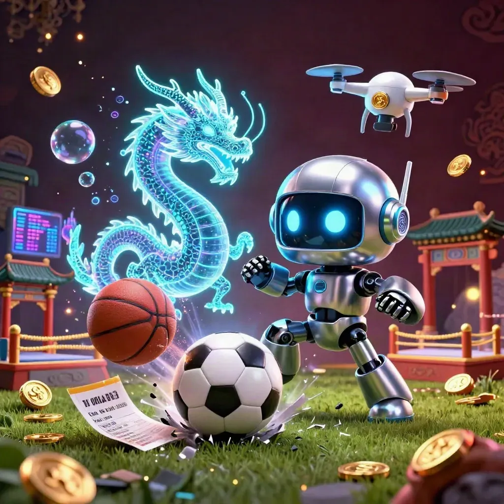 Chrome robot, holo dragon and coin drone amid a soccer-ball burst, gold coins, and neon light.