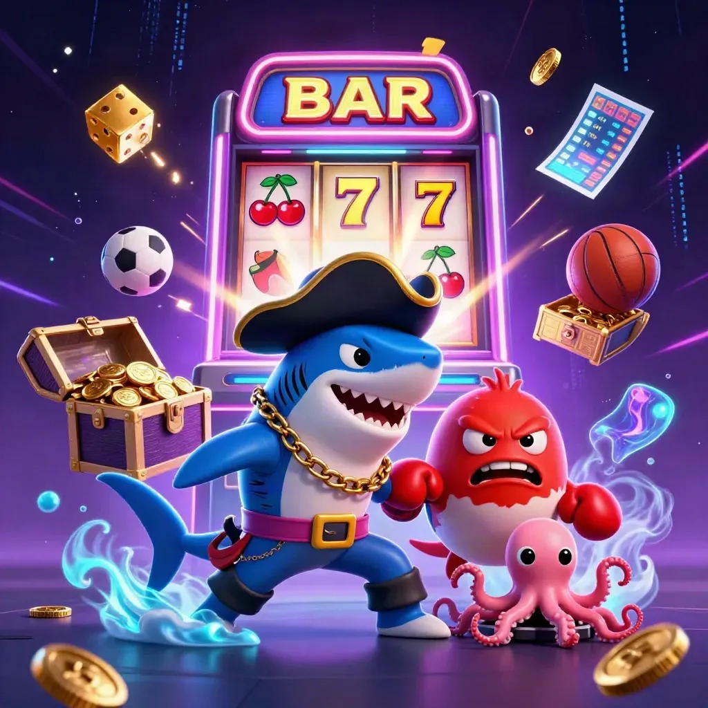 Pirate shark, boxing pufferfish, and coin-juggling octopus amid casino bursts and sports props.