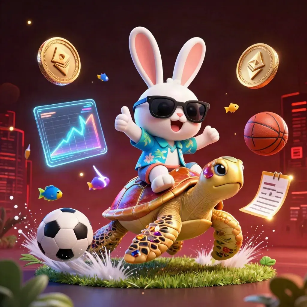 Lucky rabbit on a jeweled turtle amid coins, lightning, a soccer ball, and glowing city haze.