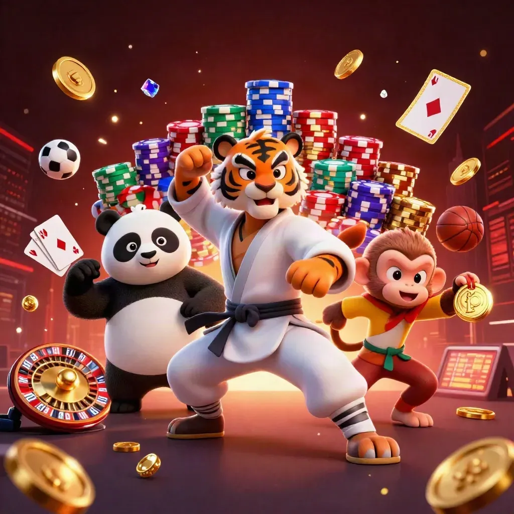 Kung-fu tiger, panda, and monkey amid casino props, coins, chips, and dramatic neon light.
