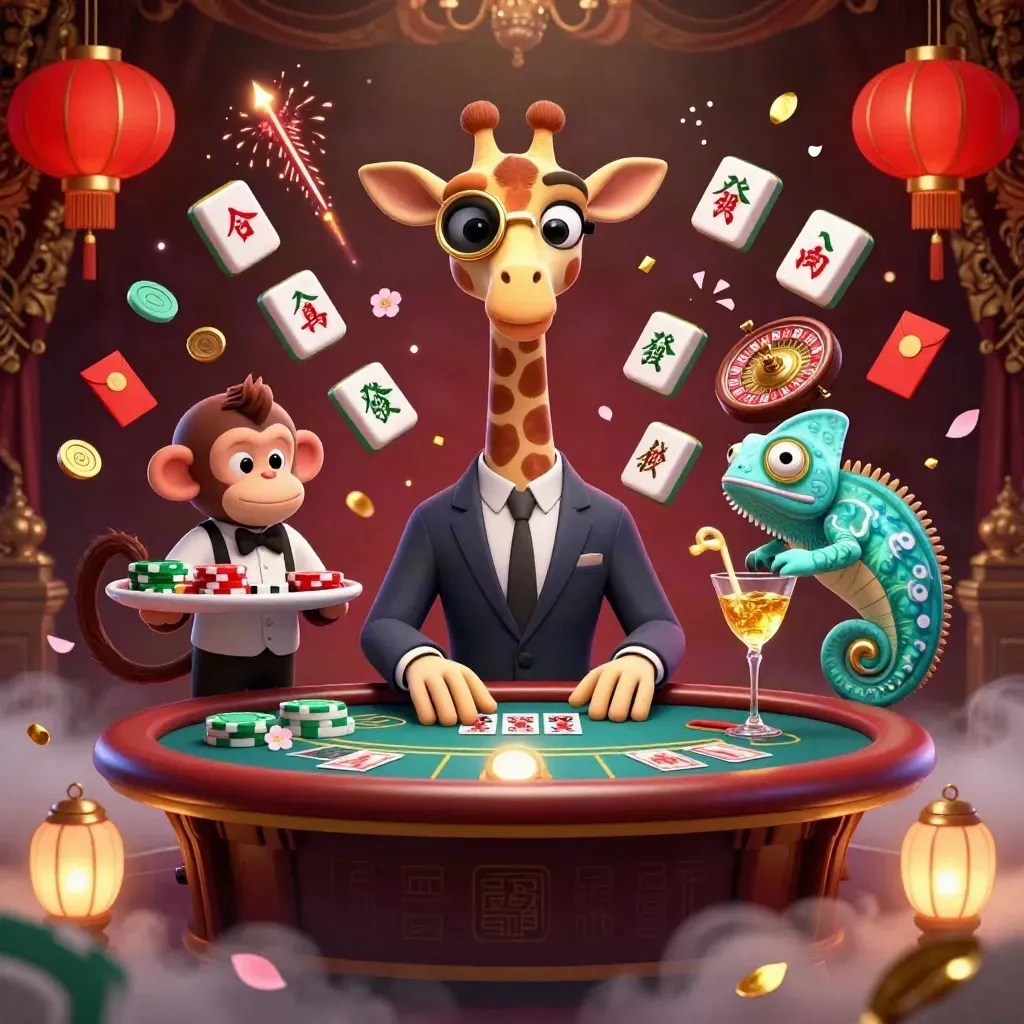 Giraffe, monkey, and chameleon in a luxe casino scene with lanterns, coins, and glowing cards.