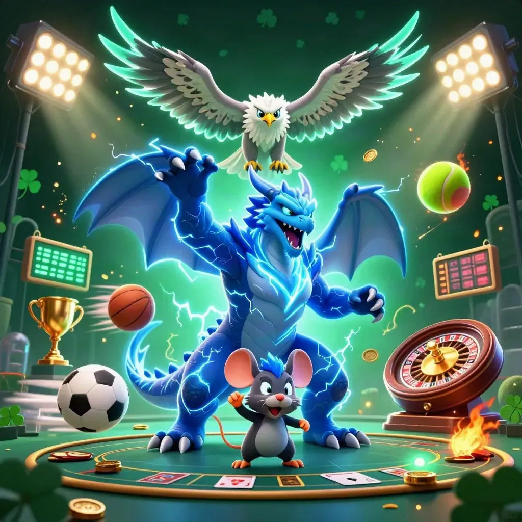 Thunder dragon, wind hawk, and static mouse amid casino lights and sports icons.