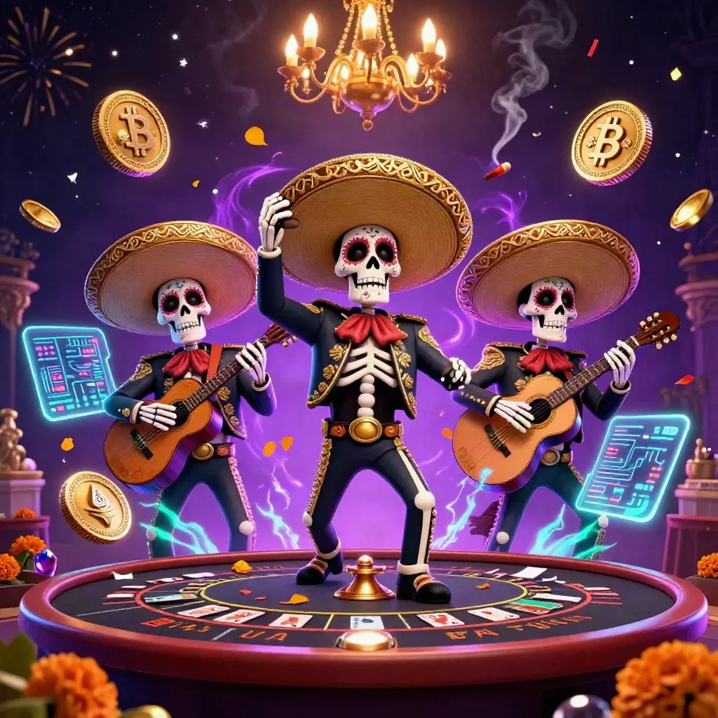 Day-of-the-Dead mariachi skeleton trio amid neon casino magic, coins, sparks, and brass luxury