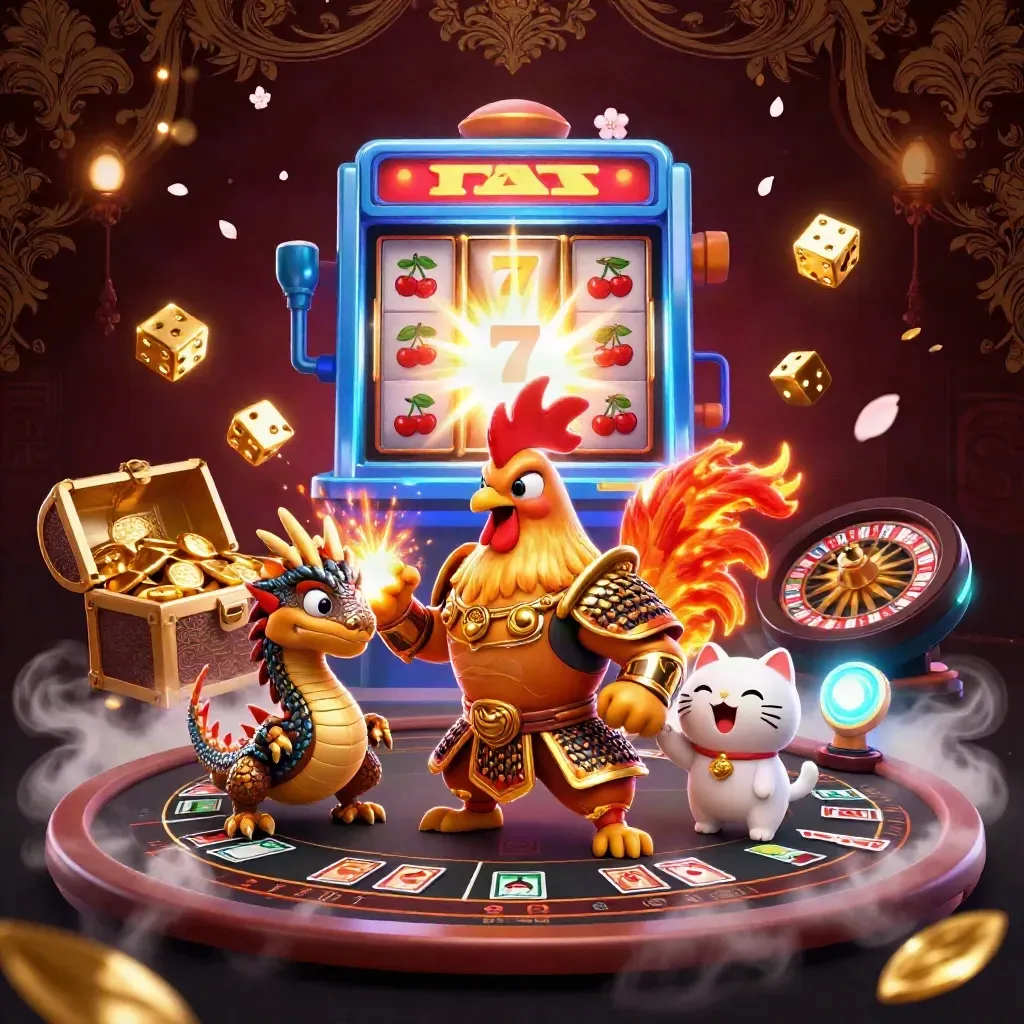 Rooster samurai, dragon hatchling, and fortune cat amid a luxury casino burst.