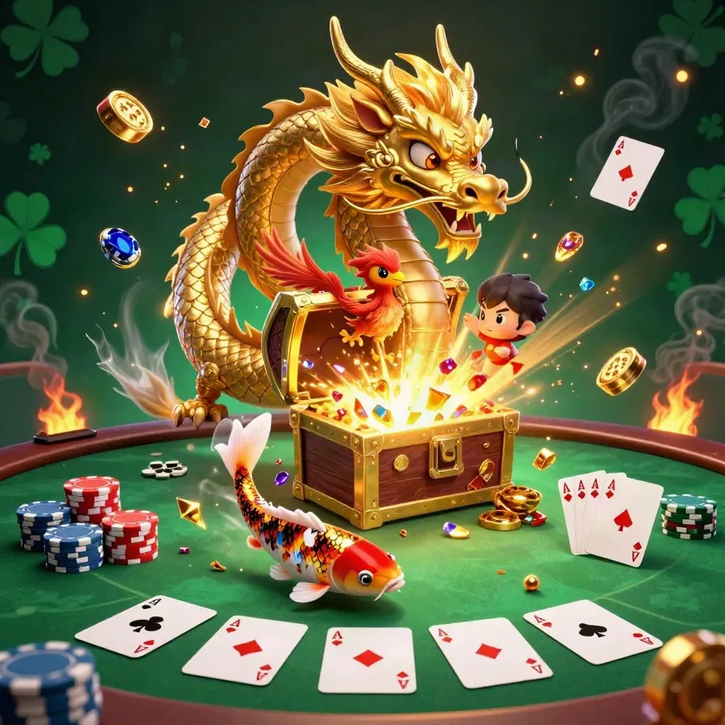 Golden dragon, red phoenix, and koi burst with chips, cards, and treasure on an emerald-black casino tile.