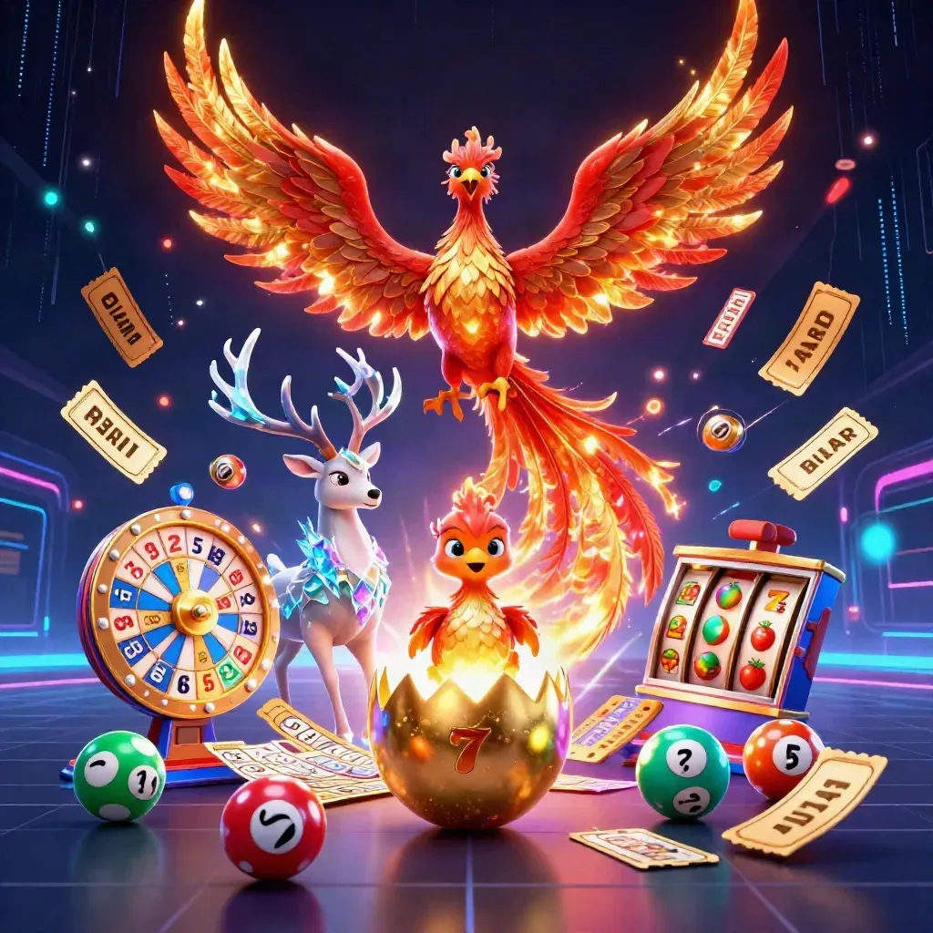 Fire phoenix, hatching chick, and crystal stag burst with casino icons in electric blue glow.