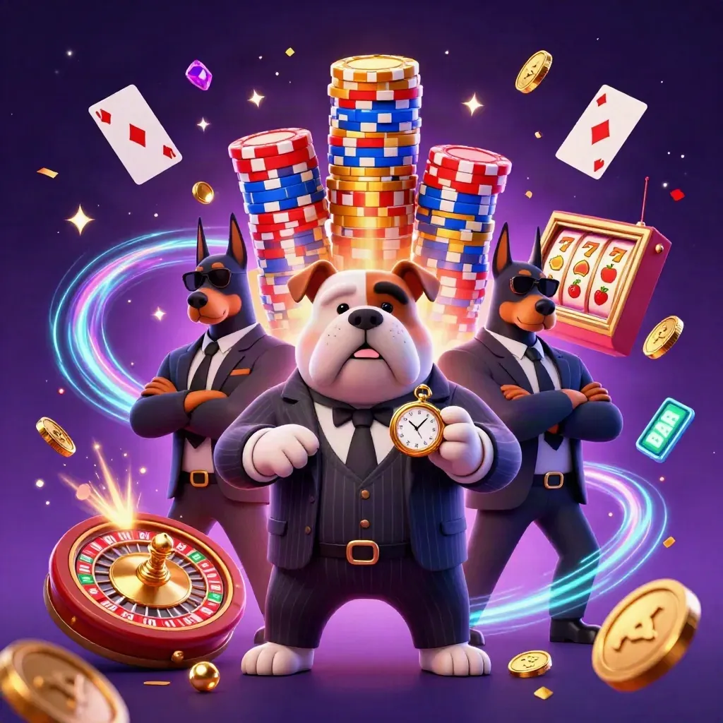 Bulldog boss and Dobermans amid coins, gems, roulette wheel, chips, and electric blue casino energy.