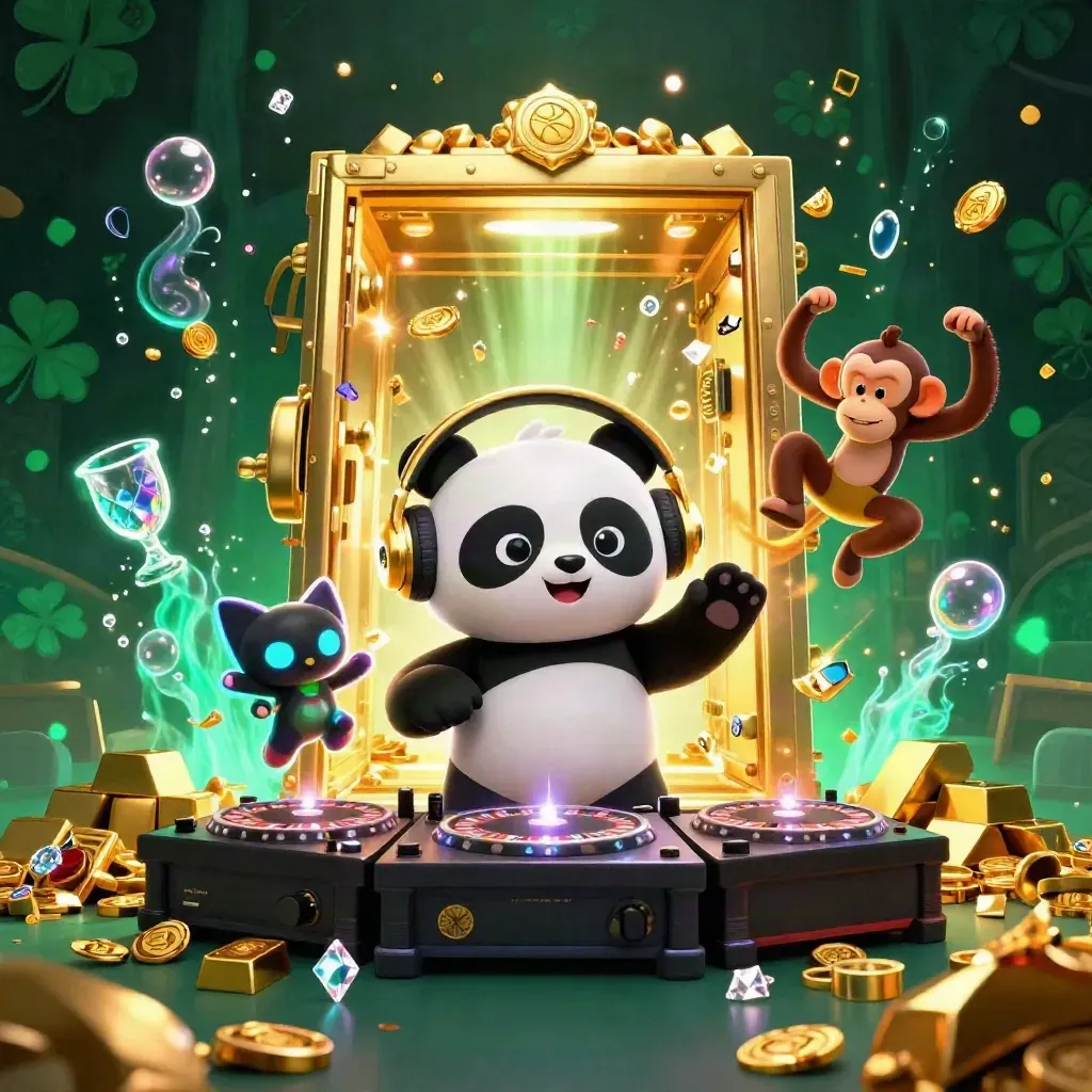 DJ panda, breakdancing monkey, and glow-stick kitten burst from a glowing treasure vault