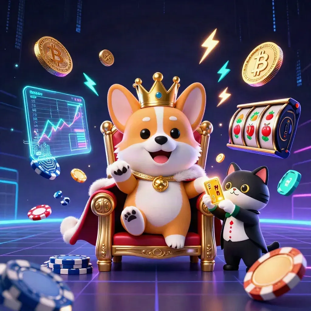 Crowned corgi and cat butler on chip throne amid neon coins, lightning, and arcade effects