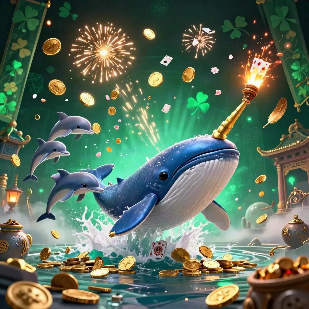 Captain whale, narwhal, and dolphins burst through coins under casino fireworks.