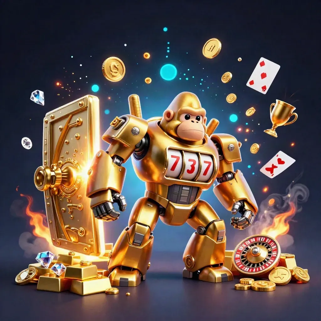 Golden gorilla mech with monkey pilot exploding from a vault amid coins, gems, and blue mint fireworks.