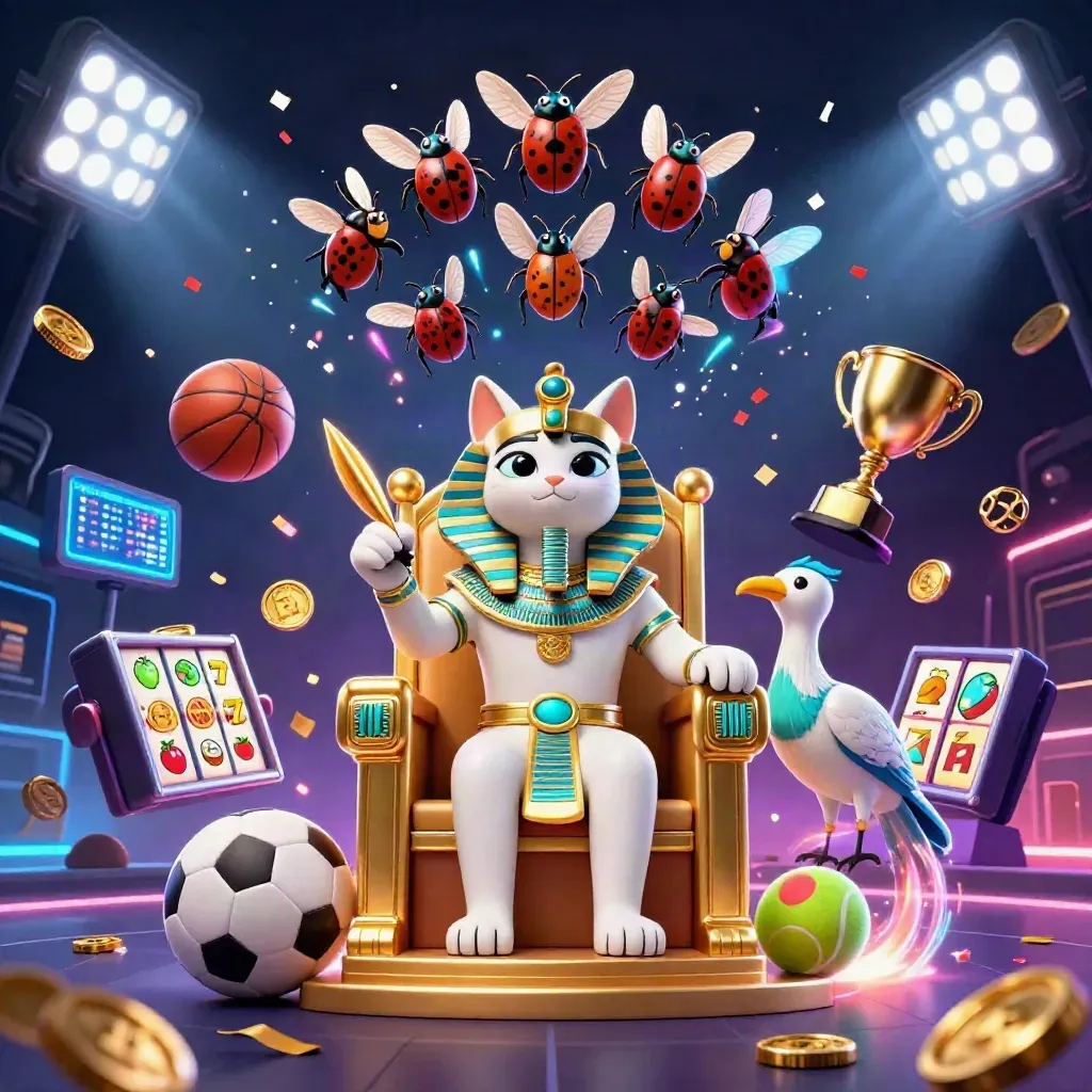 Pharaoh cat on golden throne with ibis scribe, scarabs, and neon casino bursts.