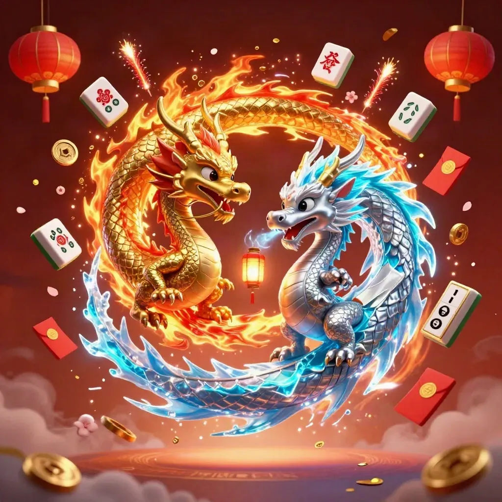 Twin gold and silver dragons form a fiery icy yin-yang with casino charms and lantern glow.