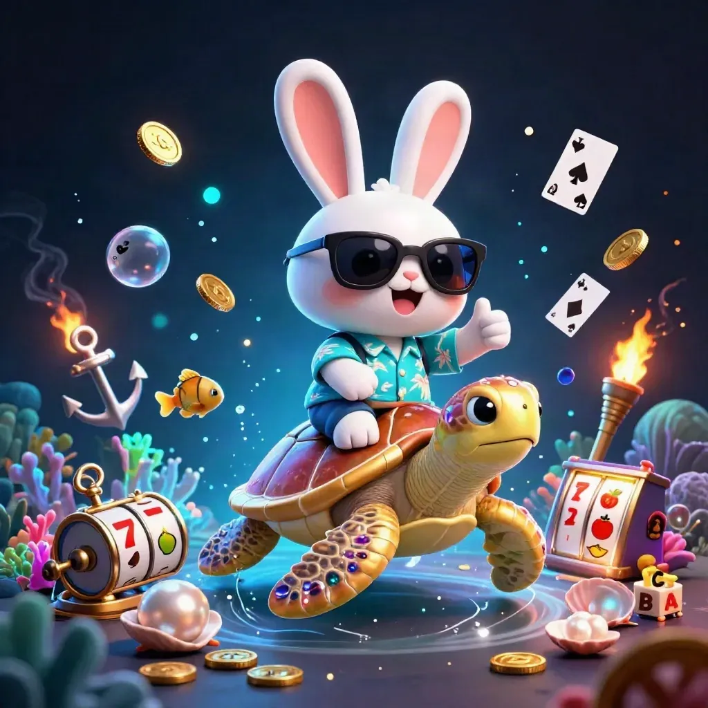 Rabbit rides a gem shell turtle through a glowing treasure cove with coins, cards, reels, and fish.